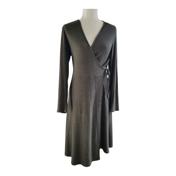 Olive Ribbed Knit Wrap Dress - Picture 1 of 4